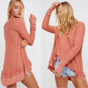 Free People Laguna Thermal Waffle Knit V-Neck Long Sleeve Top | Orange | XS